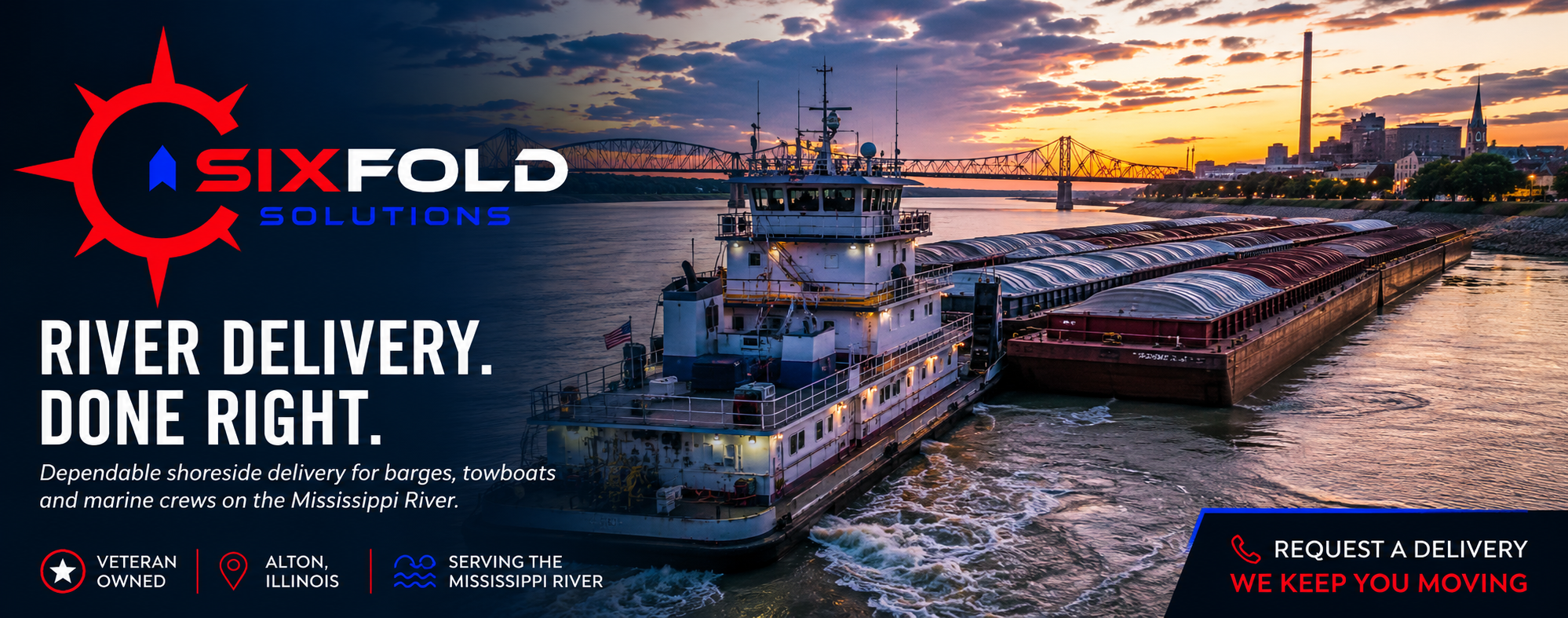 Six Fold Solutions river delivery cover featuring a towboat and barges near Alton